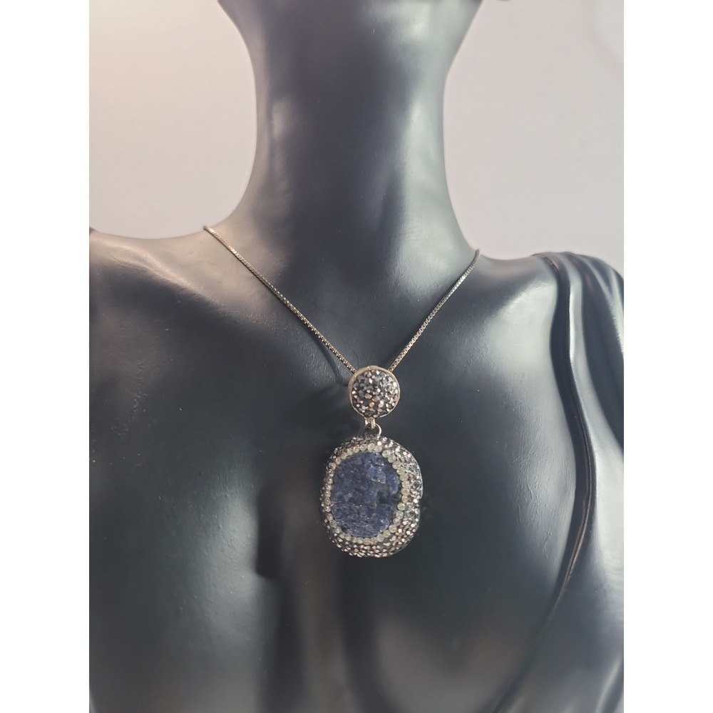 925 Sterling Silver Blue Druzy Quartz Pendant Necklace Halo CZ Accent Box Chain